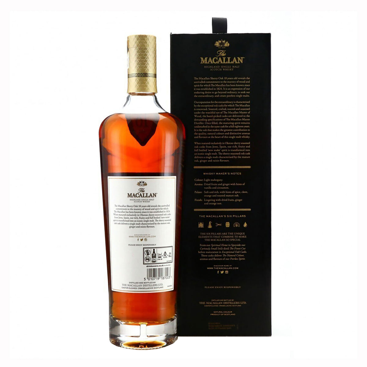 The Macallan Sherry Oak Cask 18 Years Old Single Malt Scotch Whisky 700ml Back (2019 Release) - Kent Street Cellars