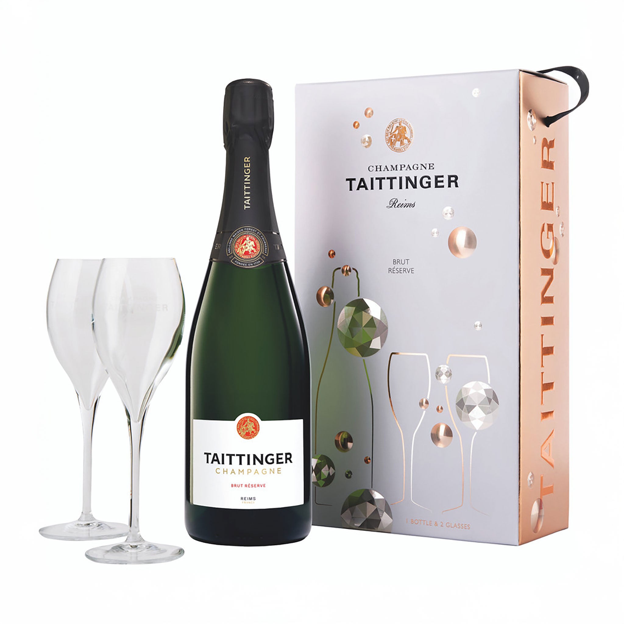 Taittinger Brut Réserve Champagne NV + Champagne Flutes