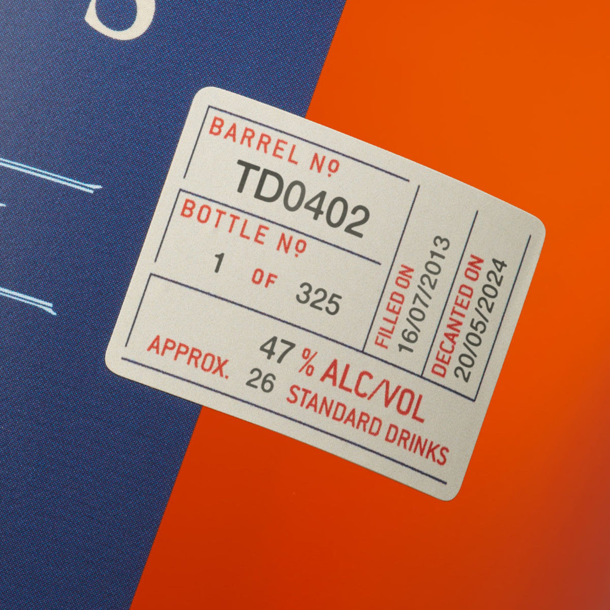 Aged for 10 years and 10 months in a 225L French oak ex-Tawny cask, single cask TD0402 embodies the classic Sullivans Cove French Oak ex-Tawny style. Bottled unflocked and unfiltered at 47% ABV, this cask yielded just 325 bottles. - Kent Street Cellars