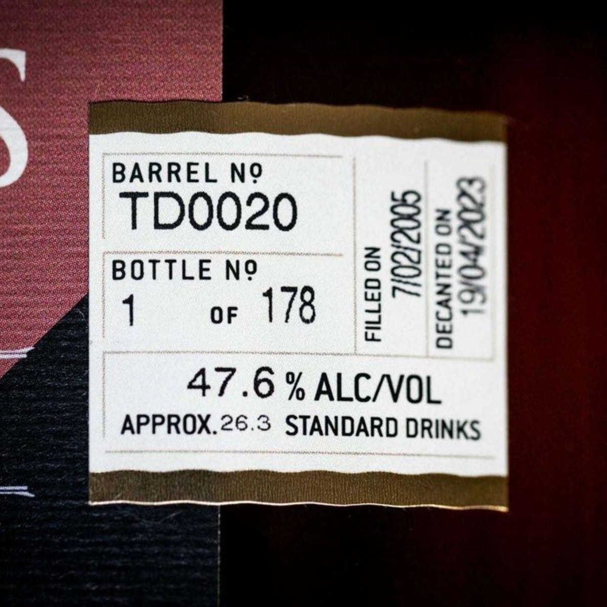 Sullivans Cove Old & Rare French Oak Single Cask 18 Year Old Single Malt Whisky 700ml (TD0020) Seal - Kent Street Cellars