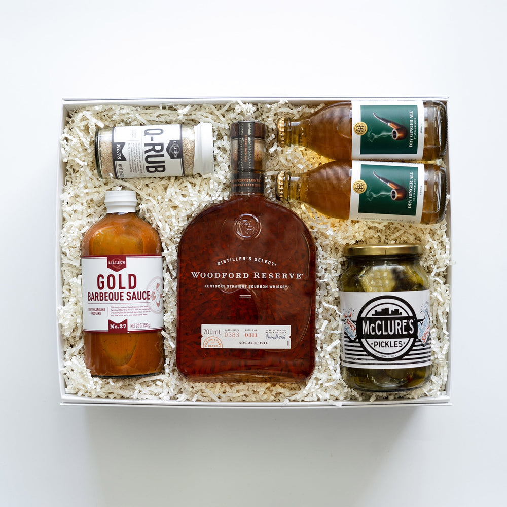 Woodford Bourbon gift pack with bbq sauce, pickles and ginger ale